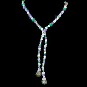 Vintage Sterling Silver Geode Amethyst Emerald Rock Crystal Bead Lariat Necklace